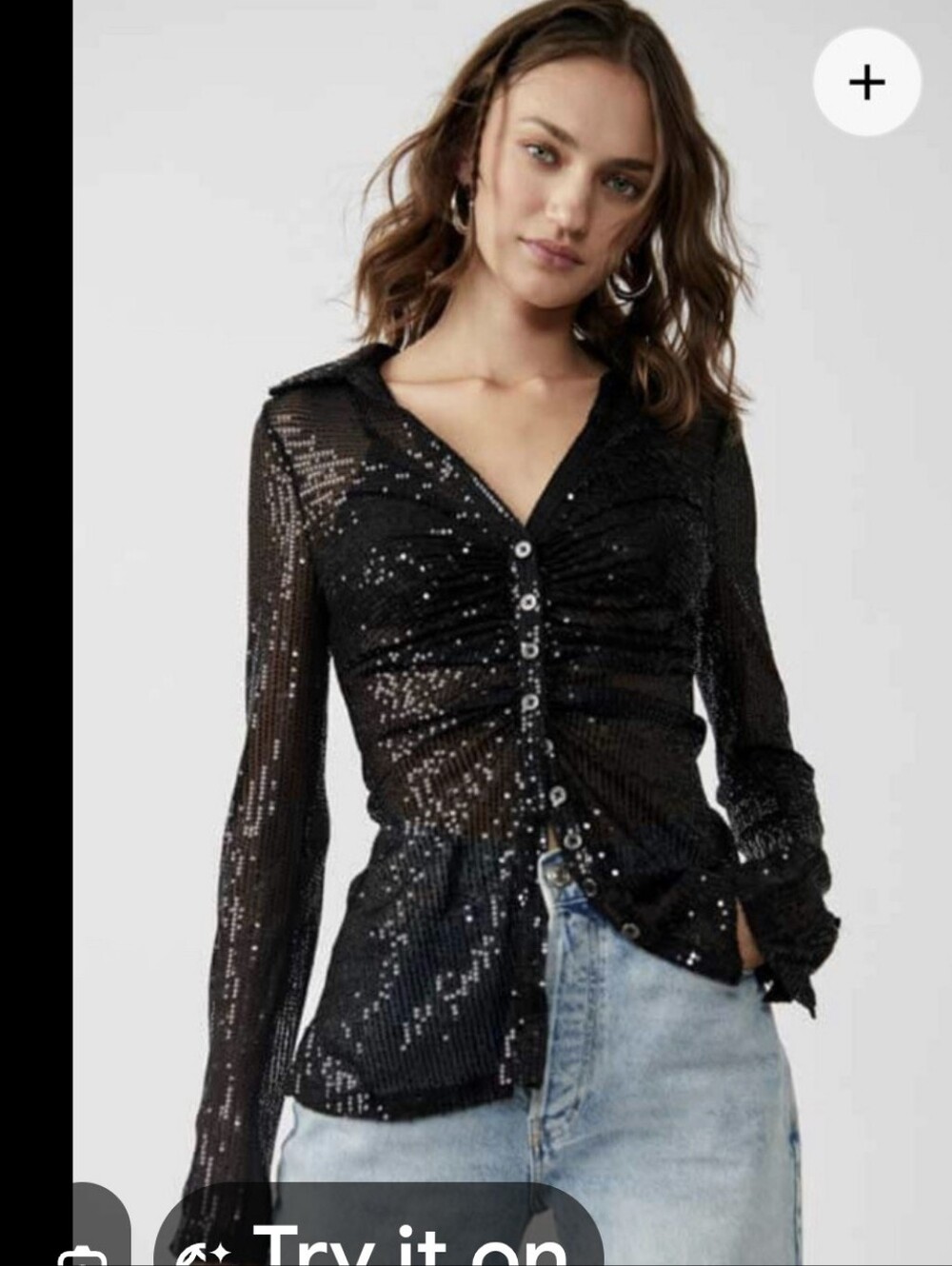 Free People Black Sequin Button-Down Shirt